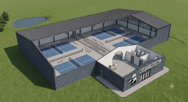 Rendering of the Bear City Pickleball facility showing four indoor courts and front entry