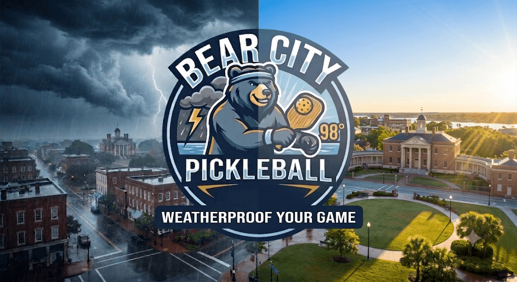 Bear City Pickleball — stormy and sunny New Bern skyline split down the middle